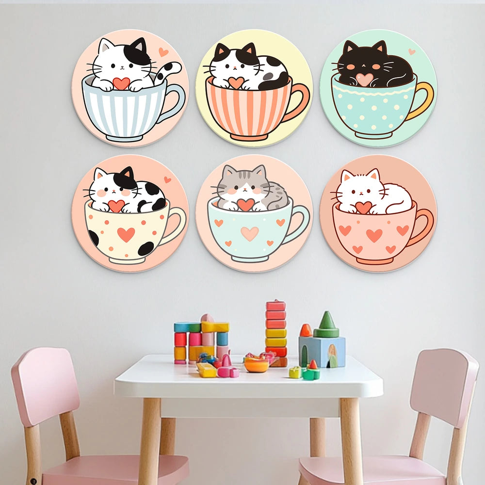 Paint by Numbers – 6 Mini Paintings | Kittens in Teacups (Round)