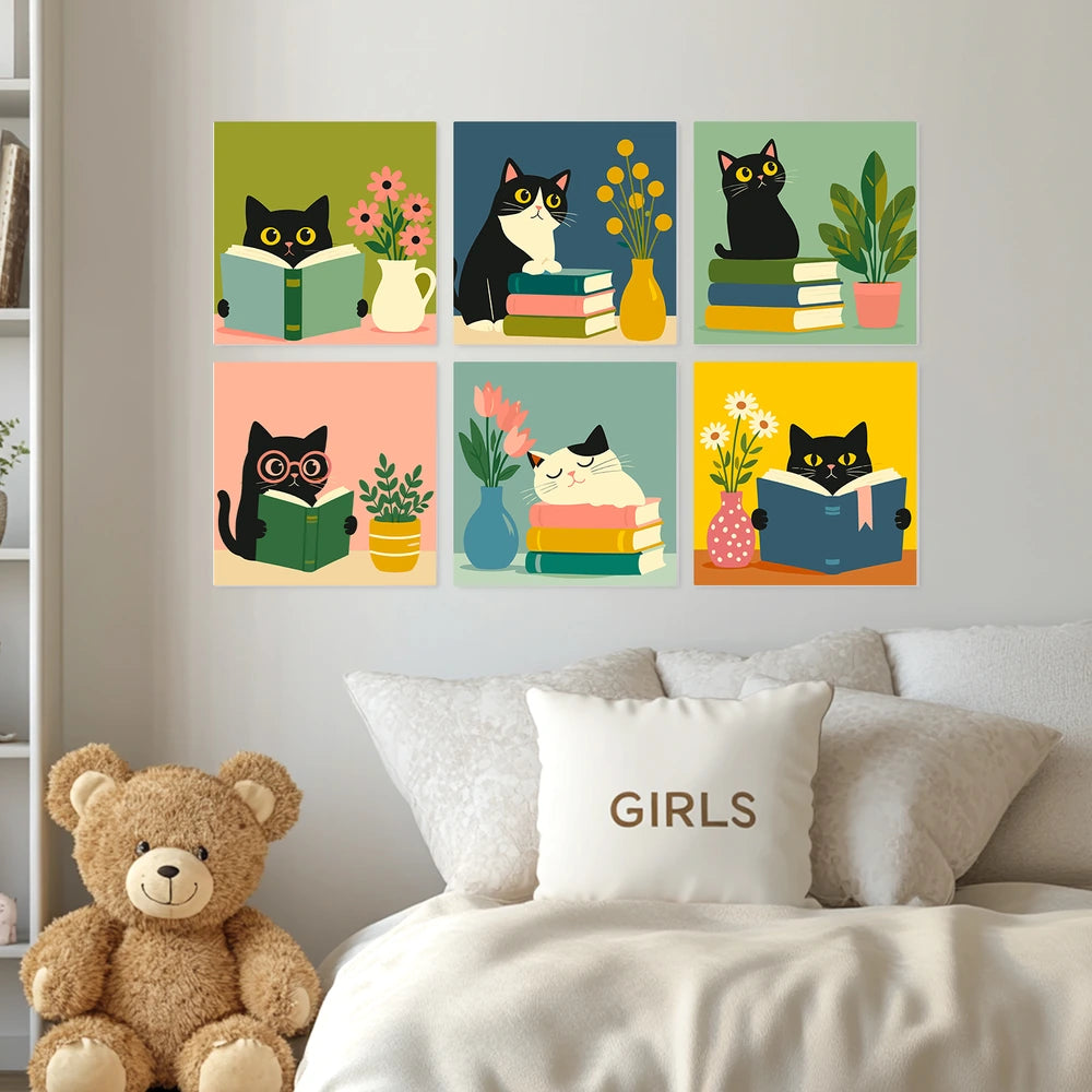 
Paint by Numbers – 6 Mini Paintings | Reading Cats with Books (Square)
