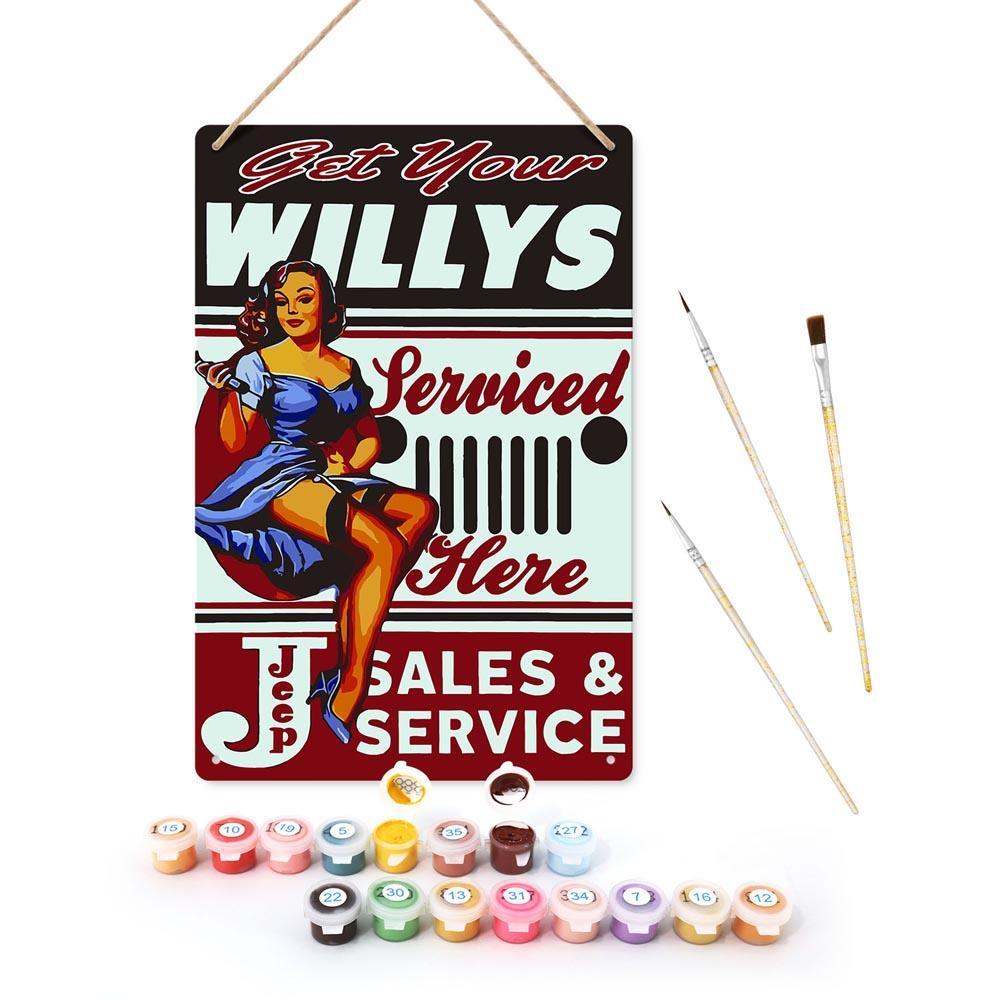 
Paint by Numbers – Vintage Metal Wall Art | Willys Jeep Sales & Service Pin-up