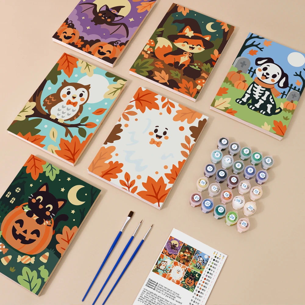 Paint by Numbers – 6 Mini Paintings | Autumn Leaves Halloween Pets Set