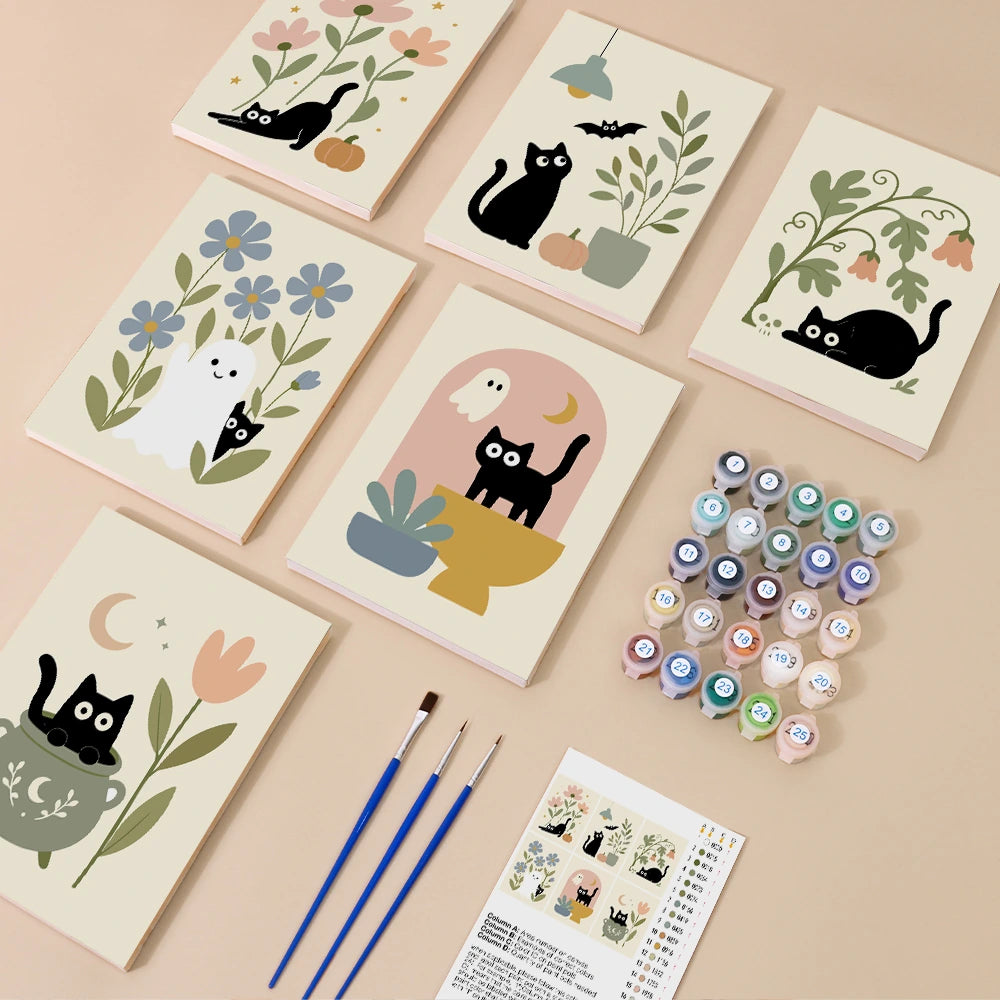 Paint by Numbers – 6 Mini Paintings | Black Cats Among Wildflowers Set
