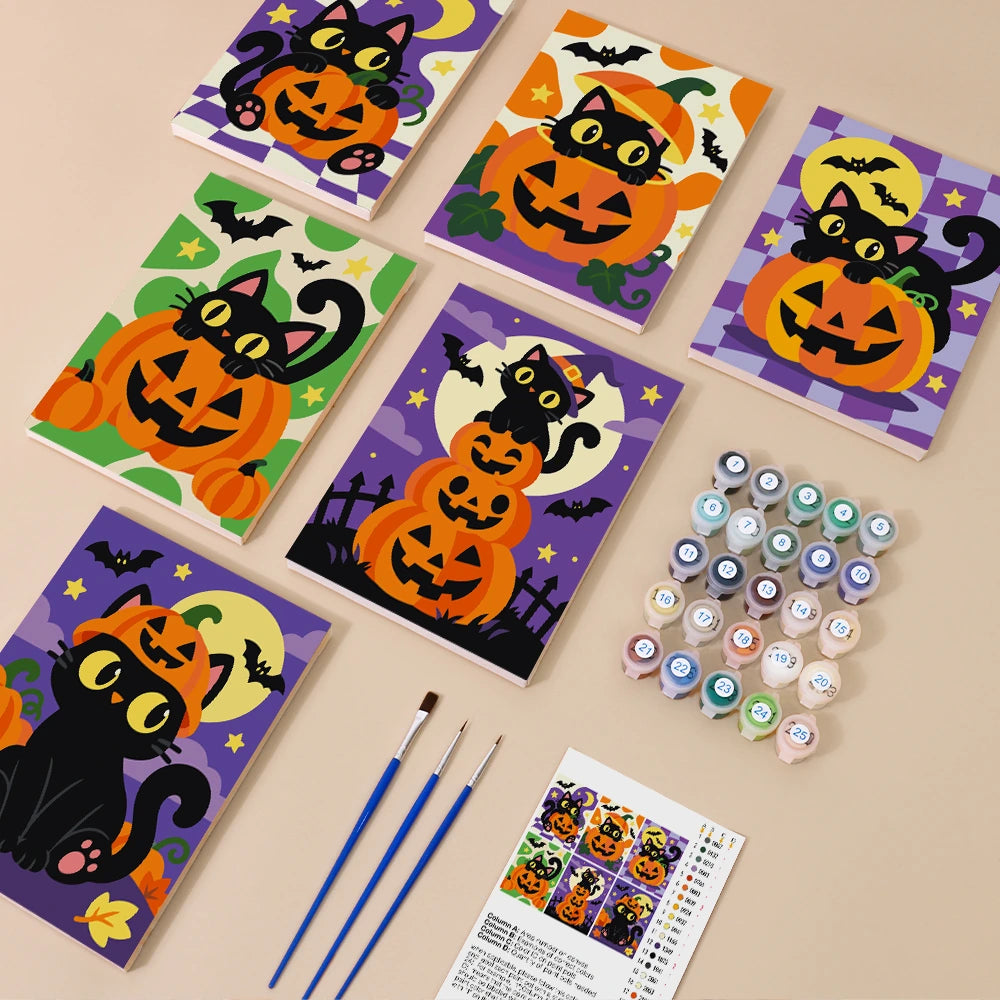 
Paint by Numbers – 6 Mini Paintings | Black Cats on Jack-o'-Lanterns Set