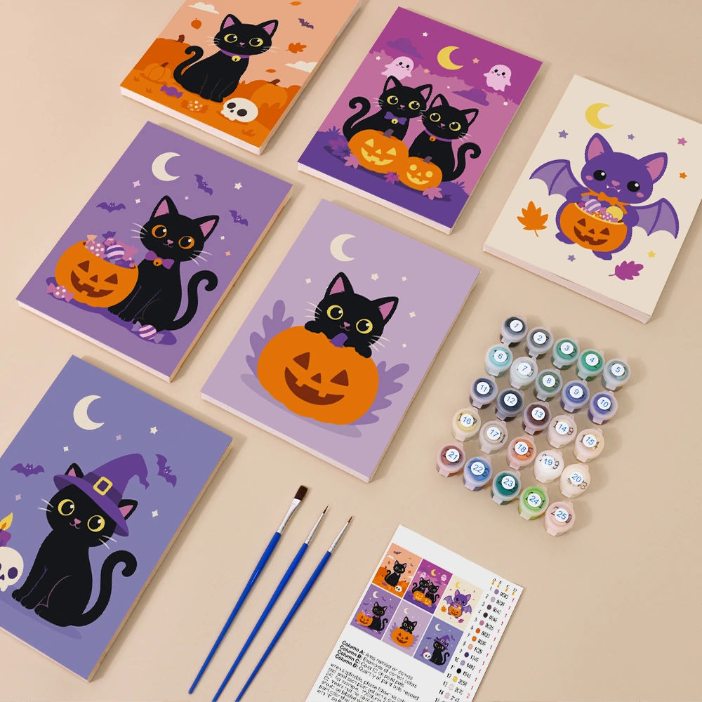 Paint by Numbers – 6 Mini Paintings | Black Cats with Jack-o'-Lanterns Set