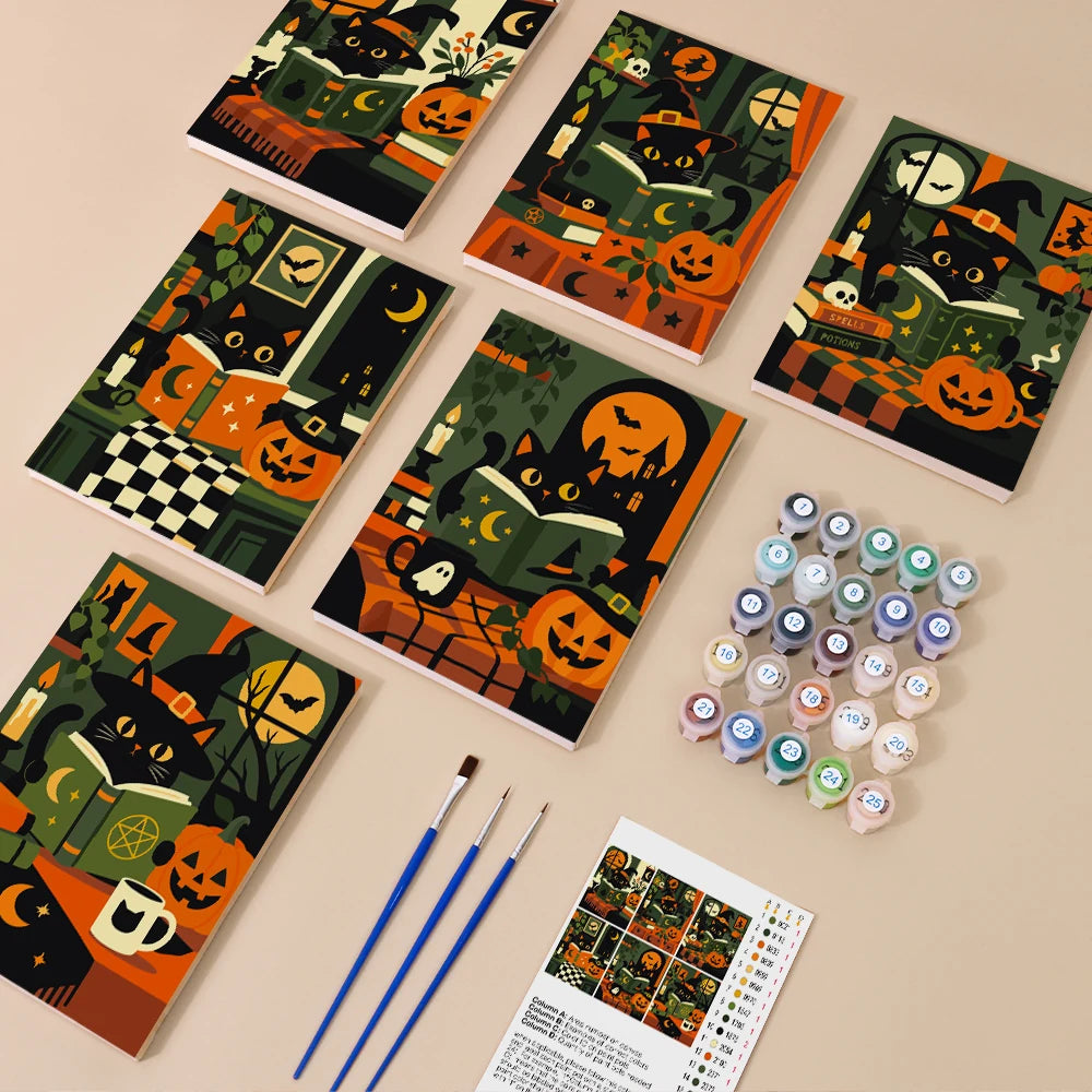 Paint by Numbers – 6 Mini Paintings | Black Cats with Spell Books Set