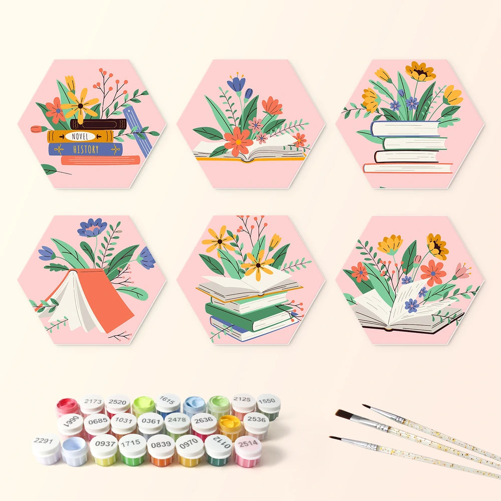 Paint by Numbers – 6 Mini Paintings | Books and Flowers Hexagons (Hexagon)