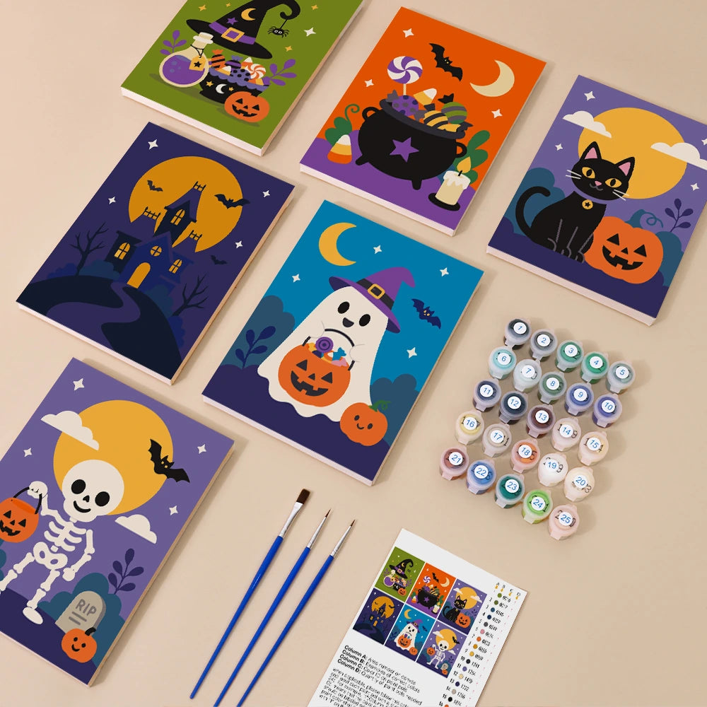 Paint by Numbers – 6 Mini Paintings | Bright Halloween Night Scenes Set