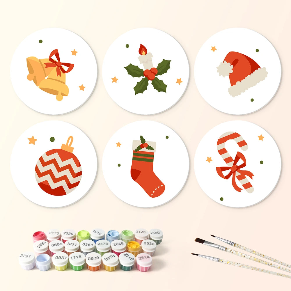 Paint by Numbers – 6 Mini Paintings | Classic Christmas Symbols (Round)