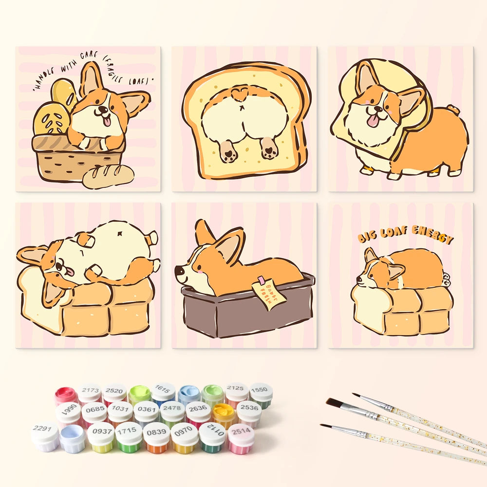 Paint by Numbers – 6 Mini Paintings | Corgi Bread Bakery (Square)