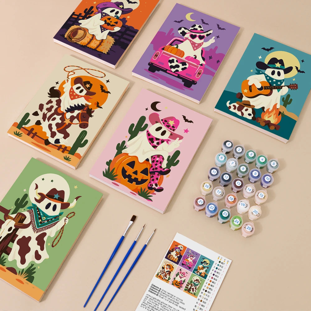 Paint by Numbers – 6 Mini Paintings | Cowboy Ghosts and Pumpkins Set
