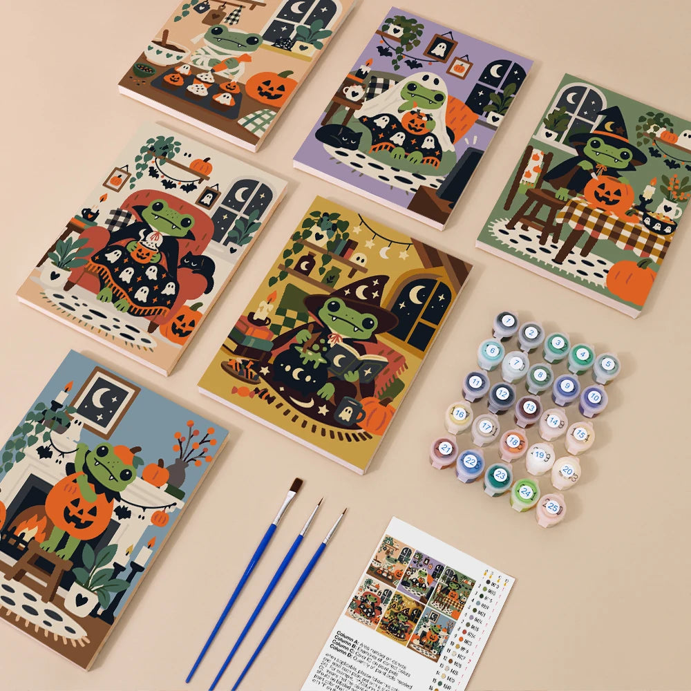 Paint by Numbers – 6 Mini Paintings | Cozy Frog Witch Cottage Set