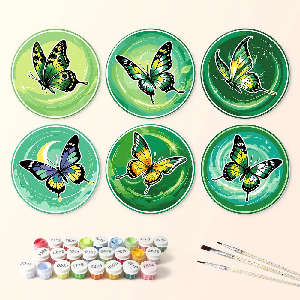 Paint by Numbers – 6 Mini Paintings | Emerald Butterfly Rounds (Round)