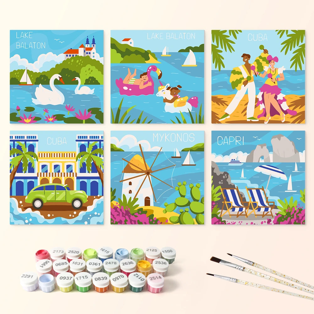 
Paint by Numbers – 6 Mini Paintings | European Holiday Postcards (Square)
