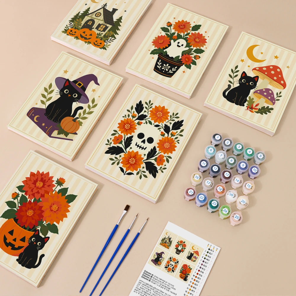 Paint by Numbers – 6 Mini Paintings | Floral Halloween Cats and Pumpkins Set