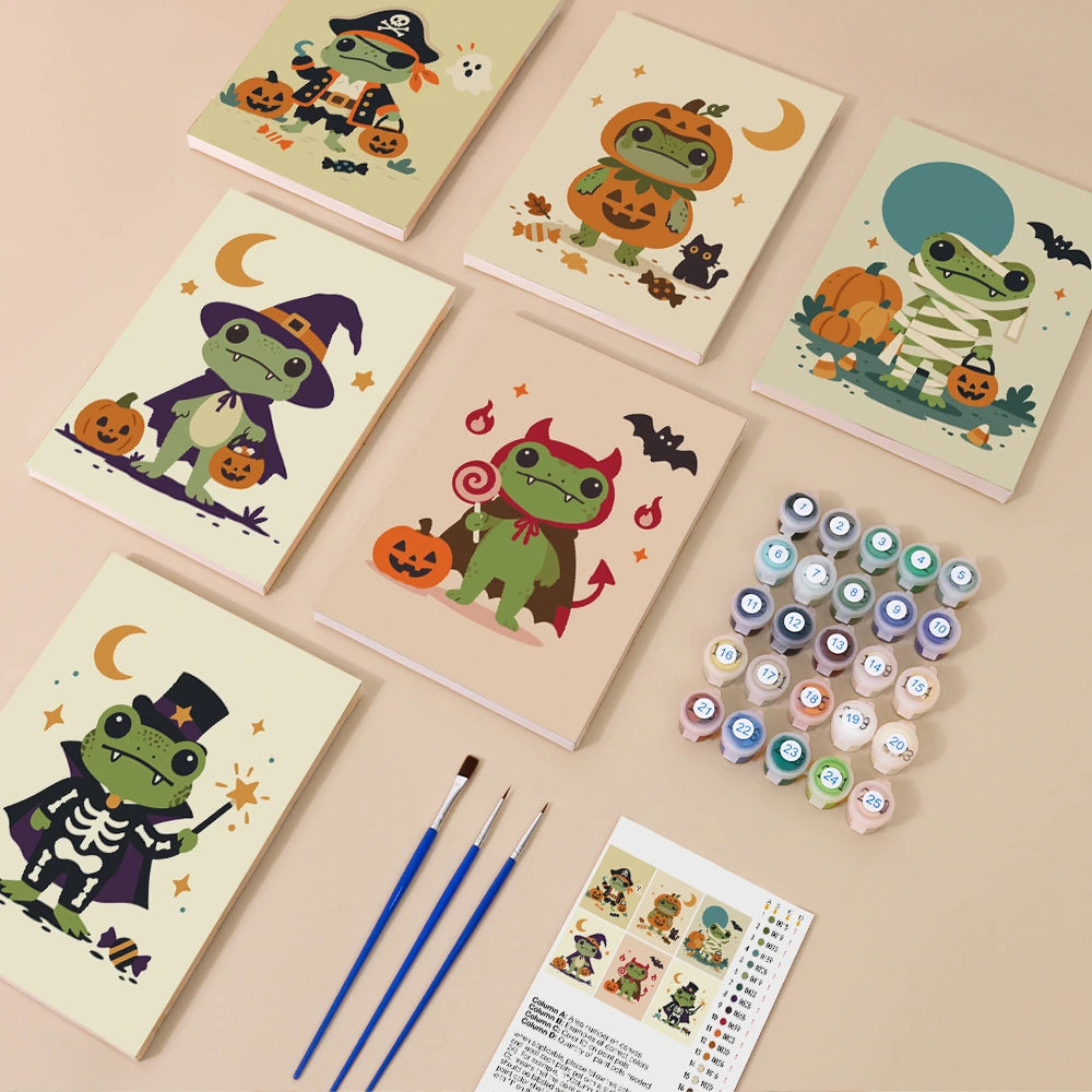 Paint by Numbers – 6 Mini Paintings | Frogs in Halloween Costumes Set