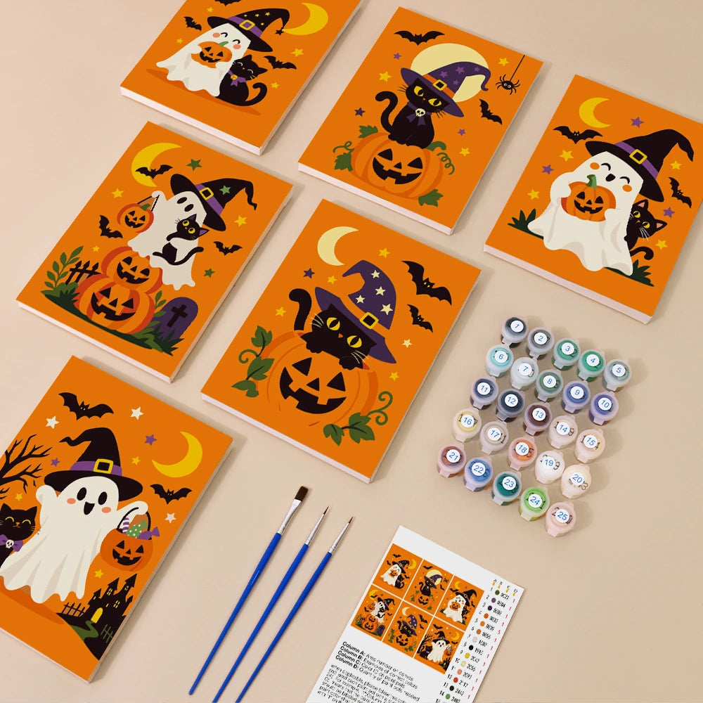 Paint by Numbers – 6 Mini Paintings | Ghosts and Cats in Witch Hats Set