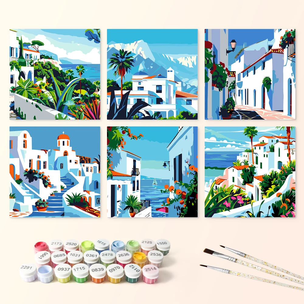 
Paint by Numbers – 6 Mini Paintings | Greek Island Alleys (Square)