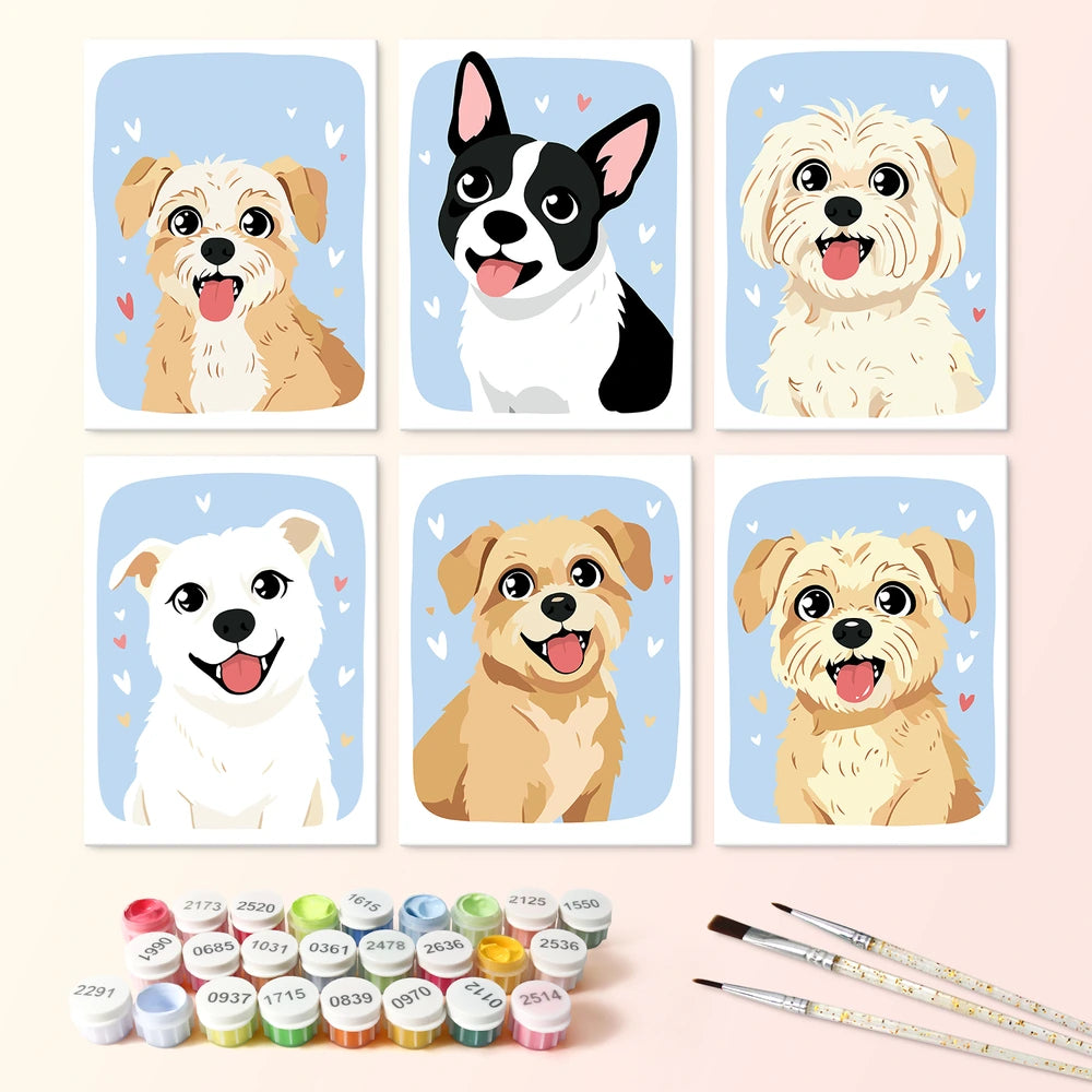 Paint by Numbers – 6 Mini Paintings | Happy Puppy Portraits