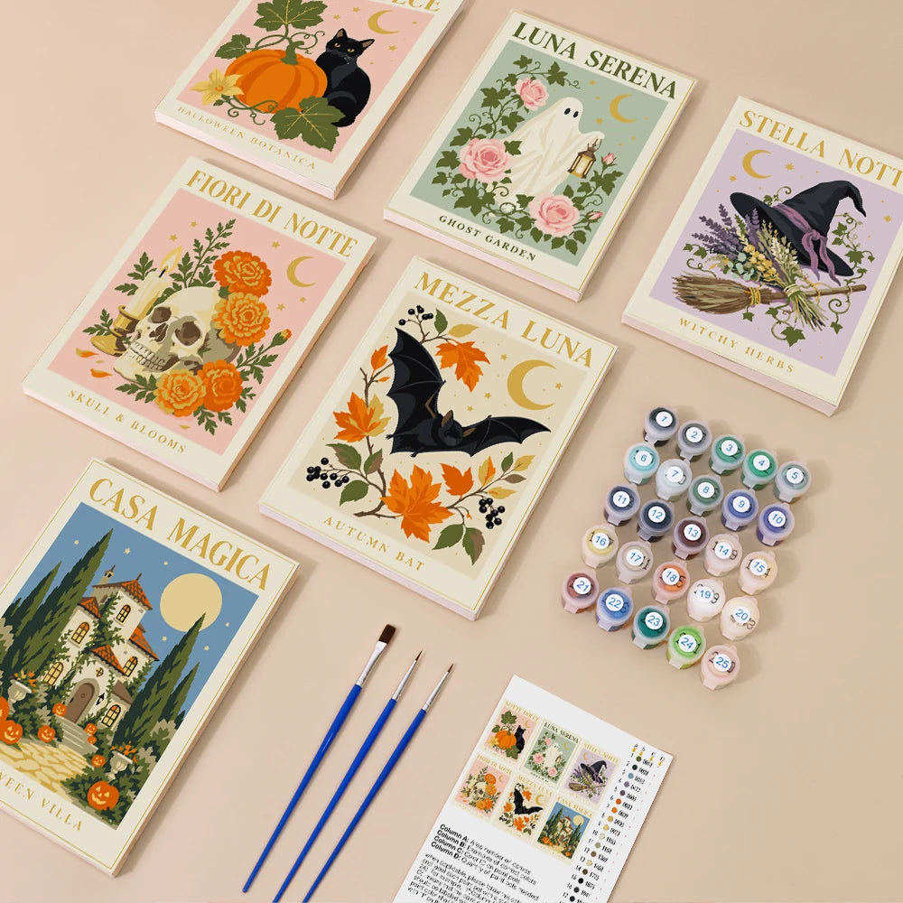 Paint by Numbers – 6 Mini Paintings | Italian Botanical Halloween Posters Set