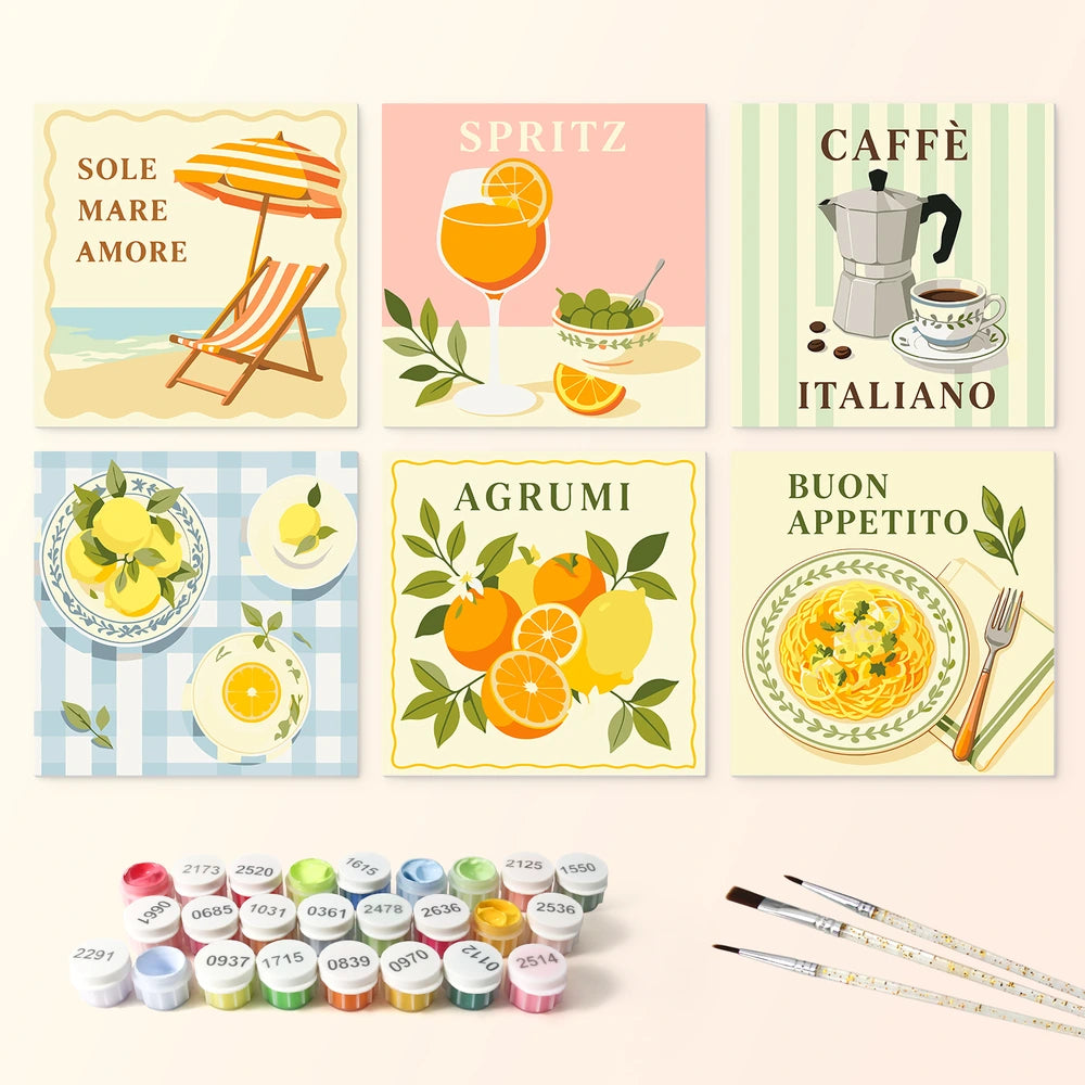Paint by Numbers – 6 Mini Paintings | Italian Summer Labels (Square)