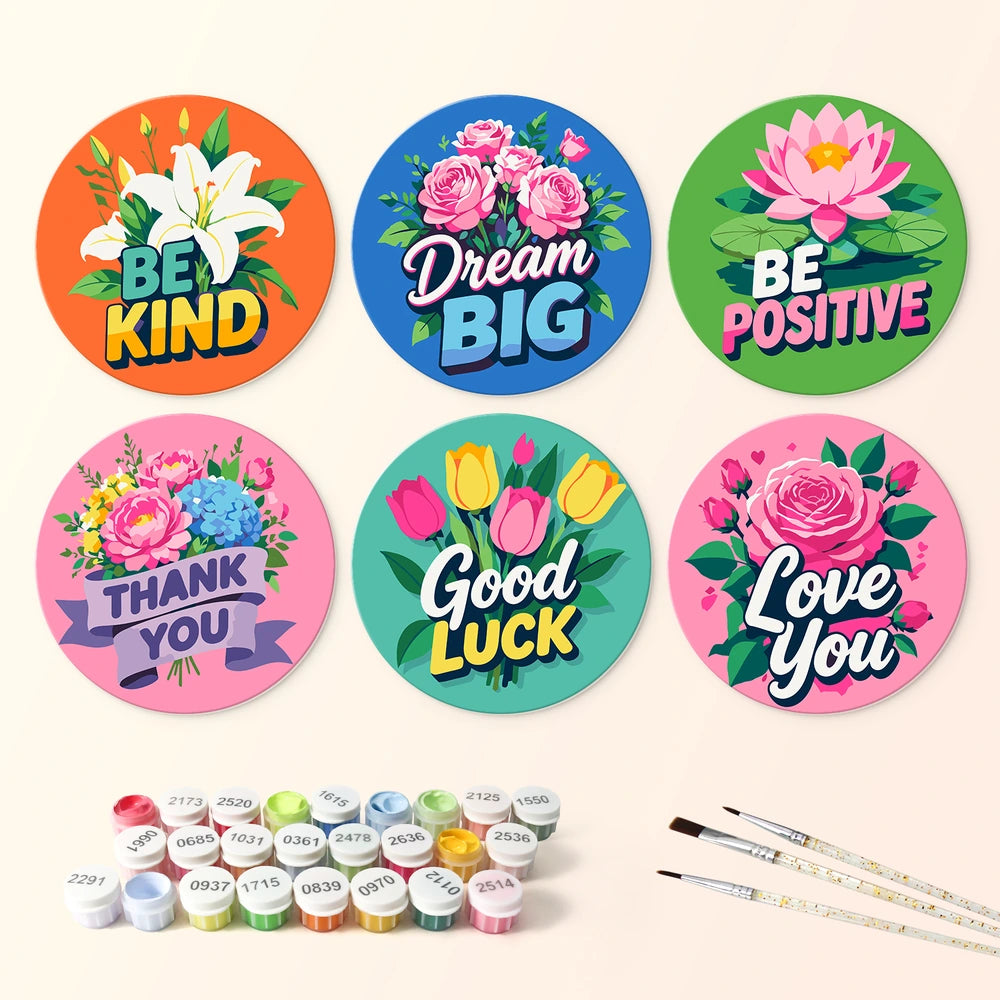 
Paint by Numbers – 6 Mini Paintings | Kind Words Flower Rounds (Round)
