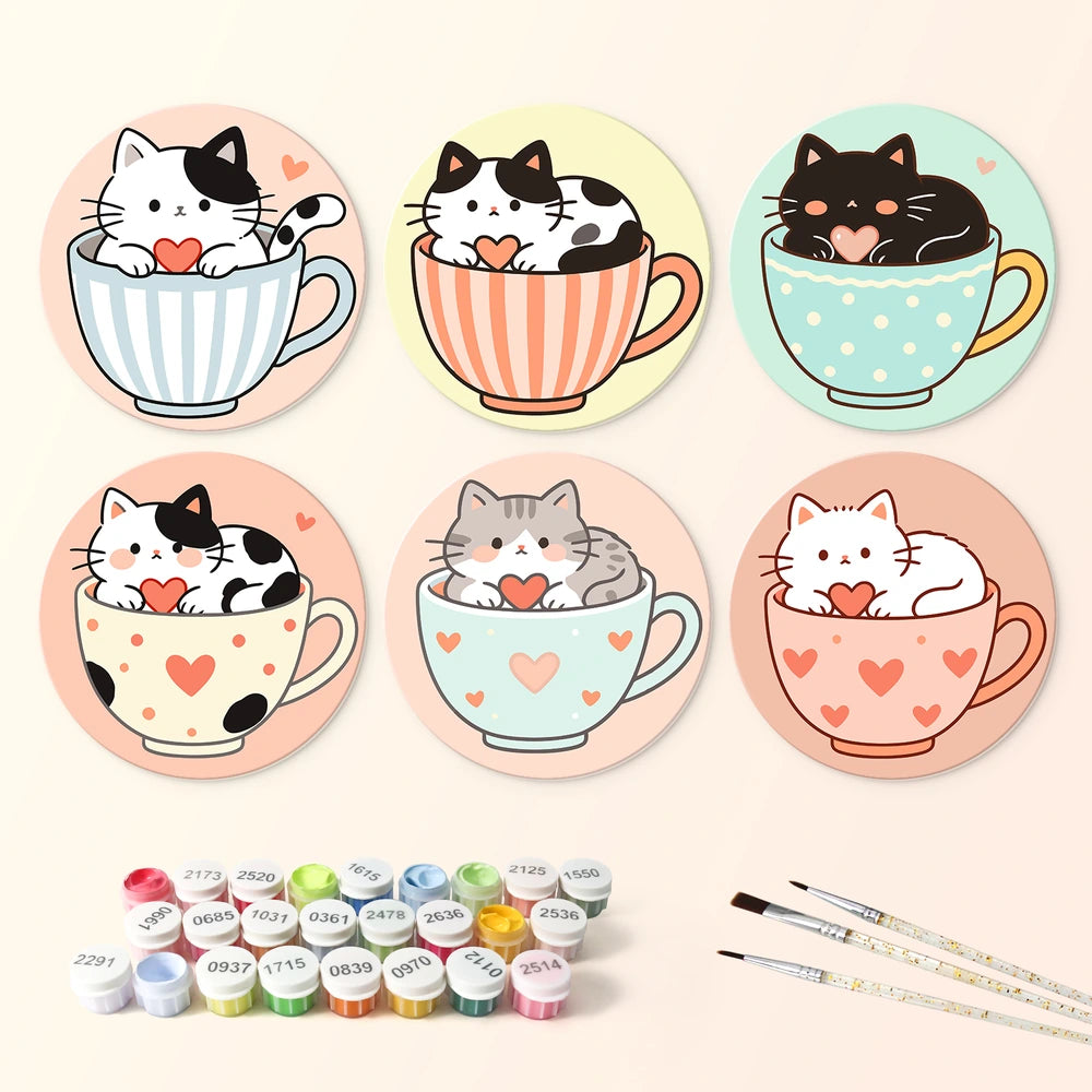 
Paint by Numbers – 6 Mini Paintings | Kittens in Teacups (Round)