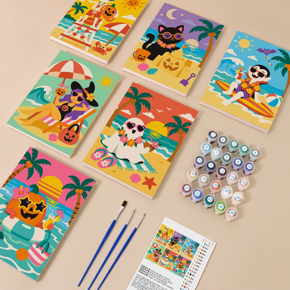 
Paint by Numbers – 6 Mini Paintings | Monsters at the Tropical Beach Set
