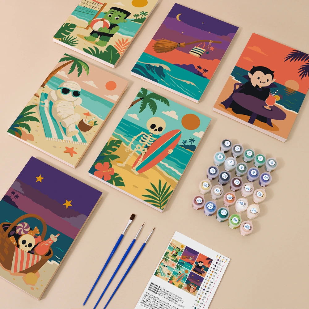 Paint by Numbers – 6 Mini Paintings | Monsters on Beach Vacation Set