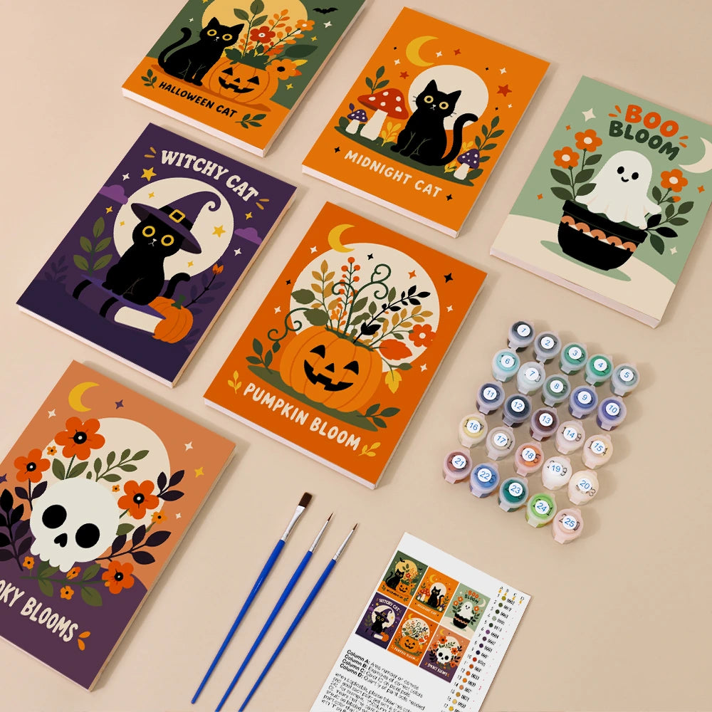 
Paint by Numbers – 6 Mini Paintings | Pumpkin Bloom Cats and Ghosts Set