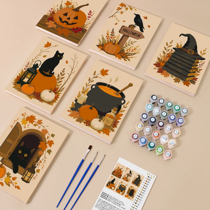 Paint by Numbers – 6 Mini Paintings | Rustic Autumn Halloween Set
