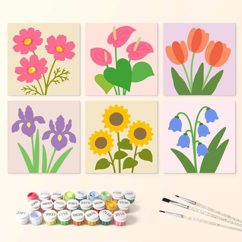
Paint by Numbers – 6 Mini Paintings | Simple Garden Blooms (Square)