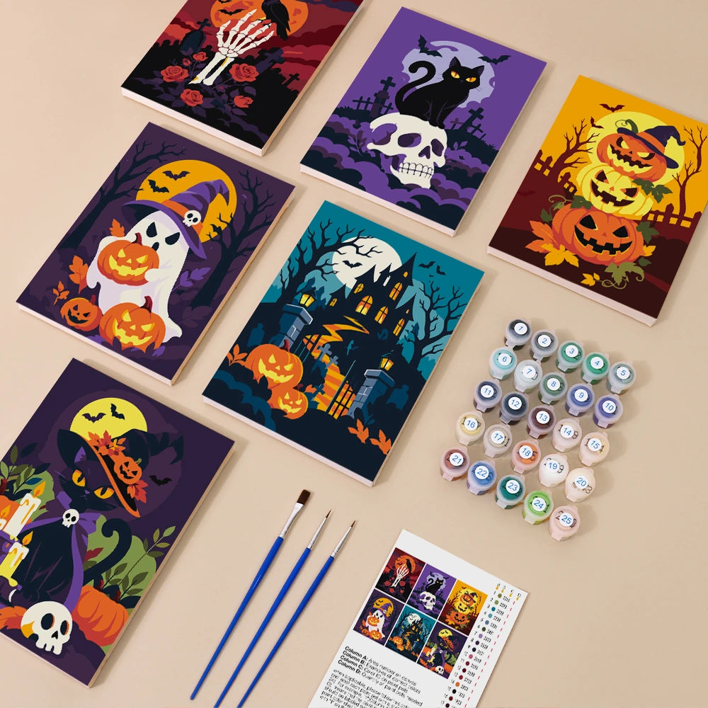 
Paint by Numbers – 6 Mini Paintings | Skulls and Pumpkins by Moonlight Set