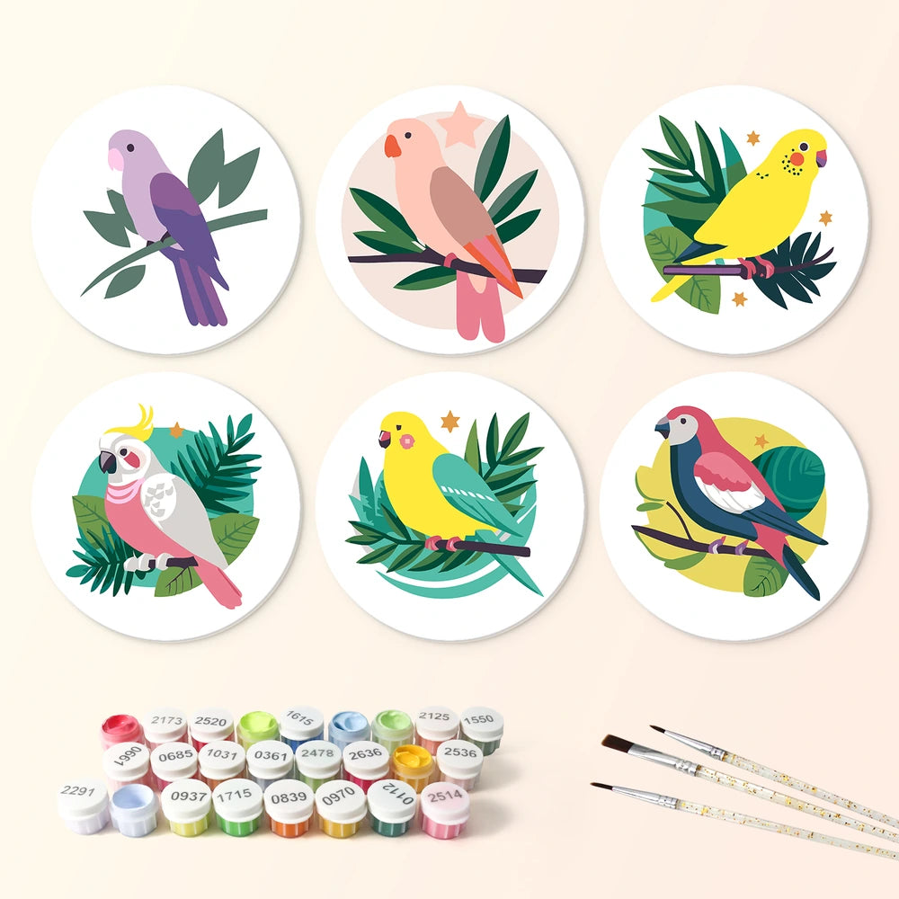 Paint by Numbers – 6 Mini Paintings | Tropical Birds on Branches (Round)