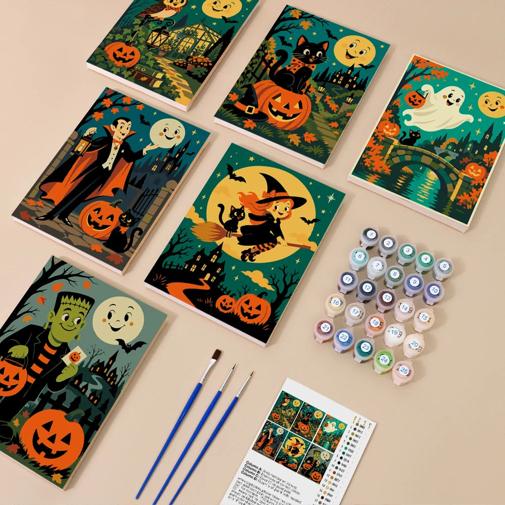 Paint by Numbers – 6 Mini Paintings | Vintage Moon Face Monster Night Set