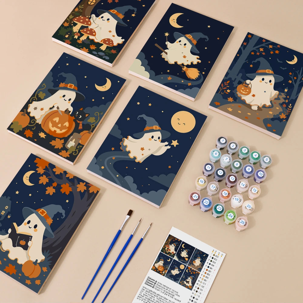 Paint by Numbers – 6 Mini Paintings | Witch Hat Ghosts at Night Set