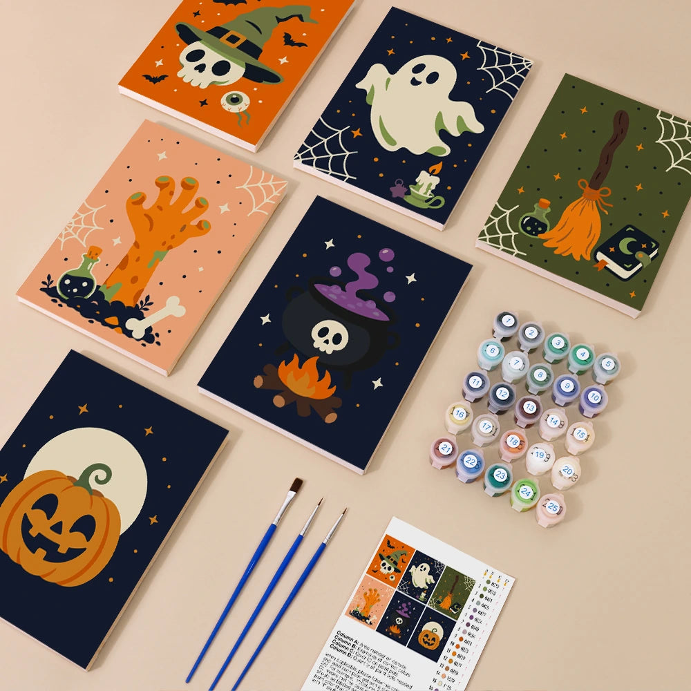Paint by Numbers – 6 Mini Paintings | Witch Hat Skull and Broomstick Set