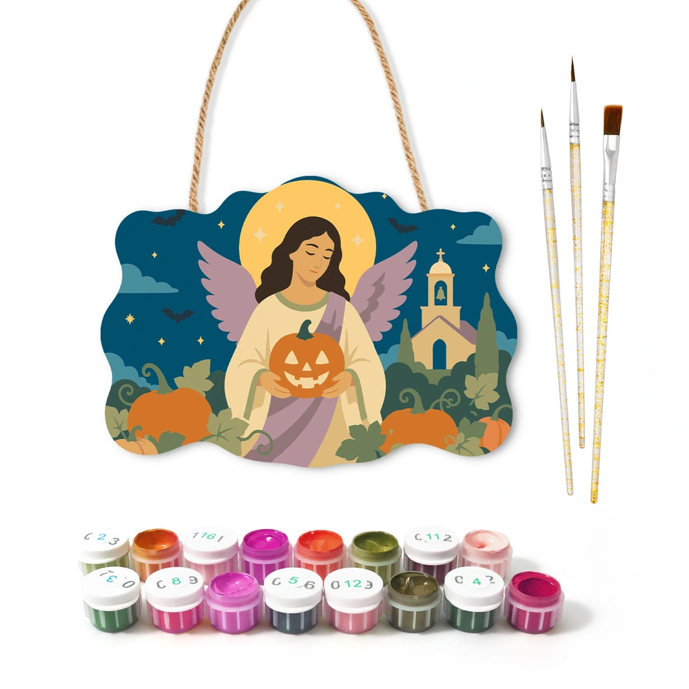 
Paint by Numbers - Wooden Door Hanger | Angel with a Jack-o'-Lantern by the Church