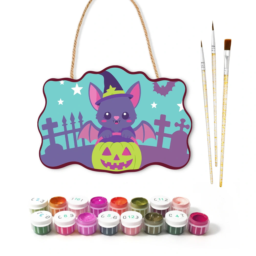 
Paint by Numbers - Wooden Door Hanger | Bat in a Witch Hat with a Pumpkin