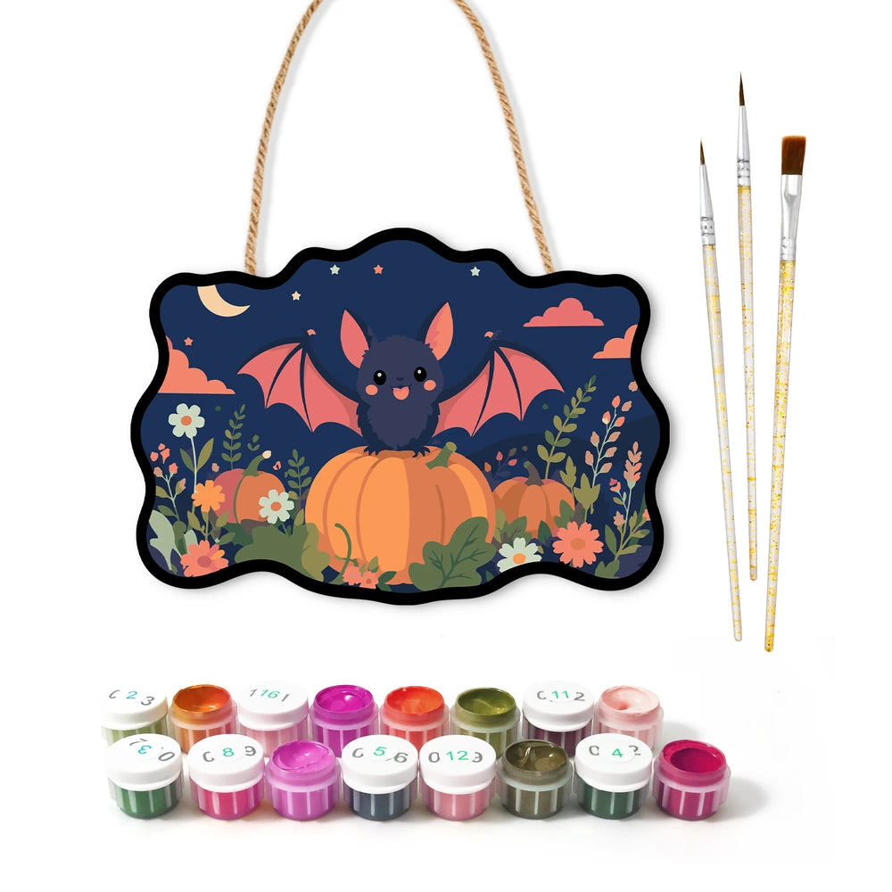 
Paint by Numbers - Wooden Door Hanger | Bat on Pumpkins at Dusk