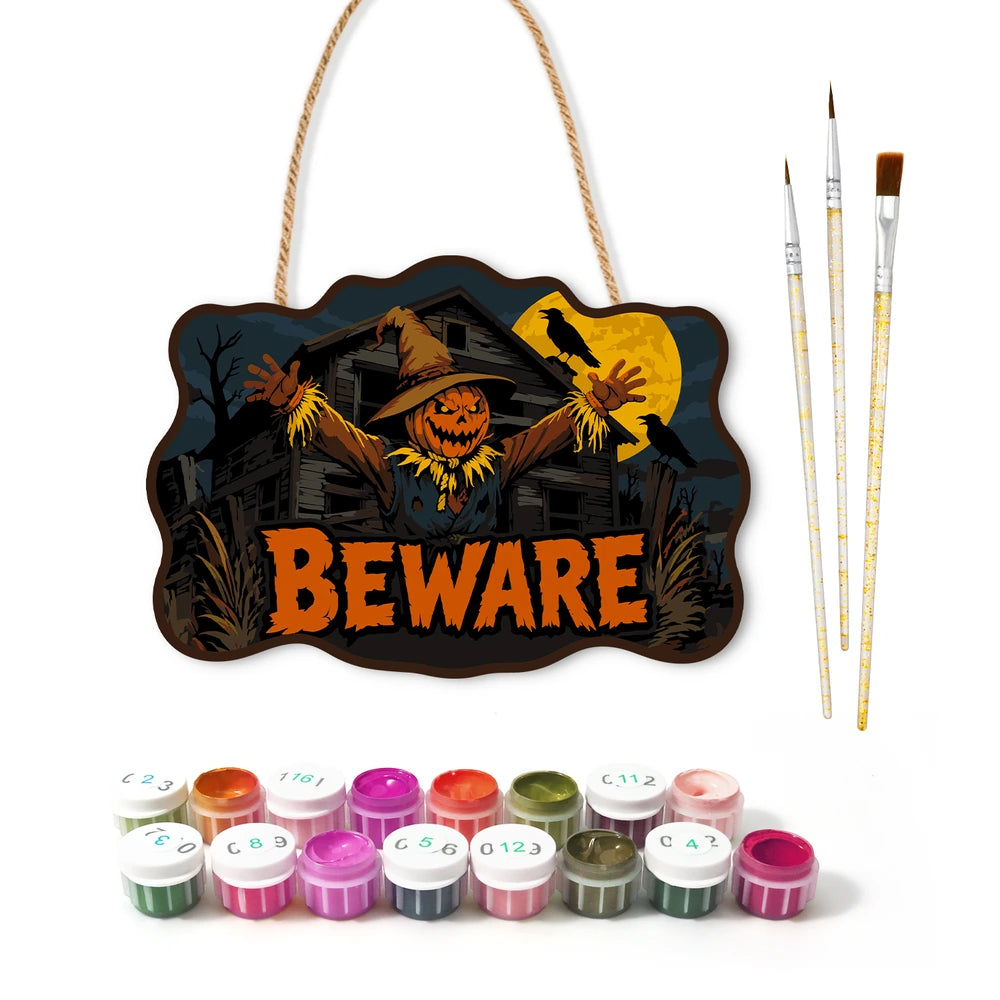 
Paint by Numbers - Wooden Door Hanger | Beware Scarecrow at the Barn
