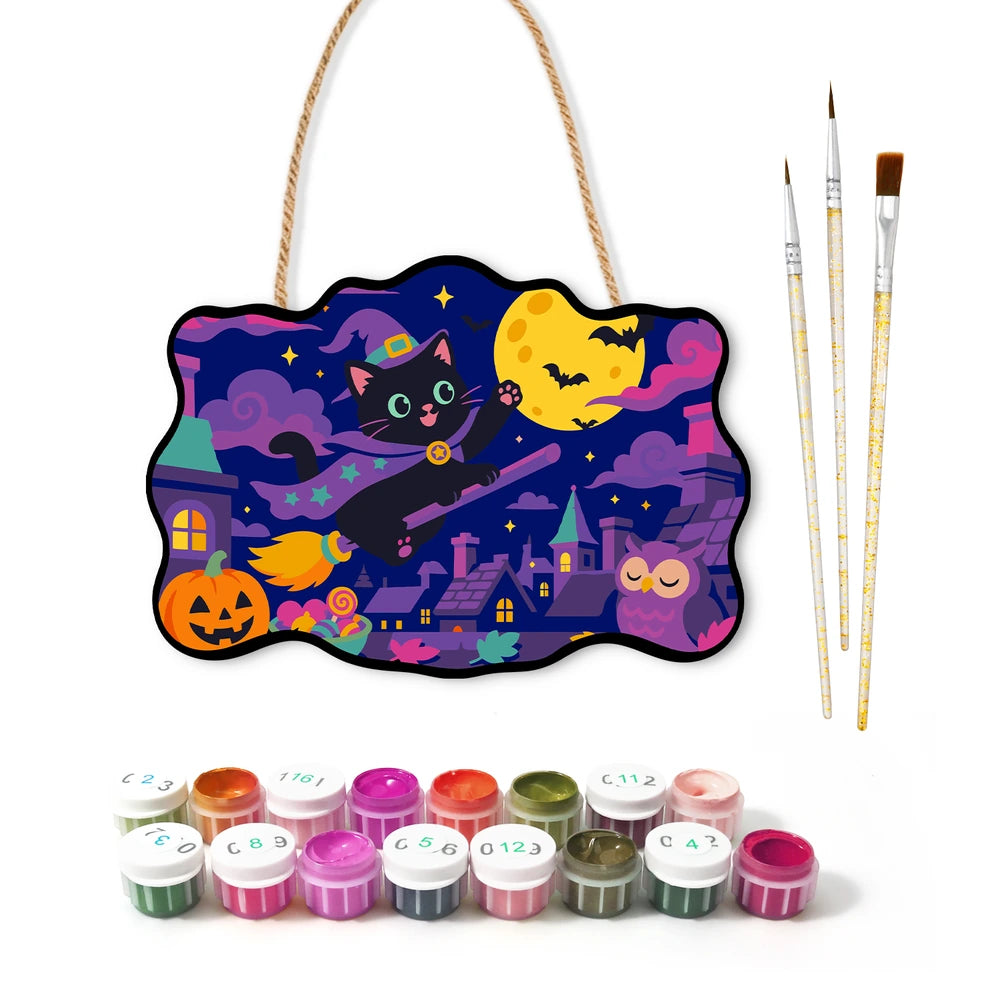 
Paint by Numbers - Wooden Door Hanger | Black Cat Witch Flying Over Town