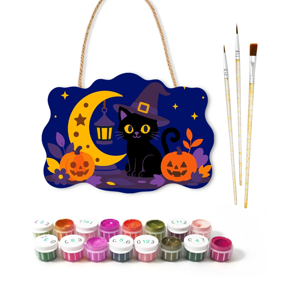 
Paint by Numbers - Wooden Door Hanger | Black Cat Witch with a Lantern Moon