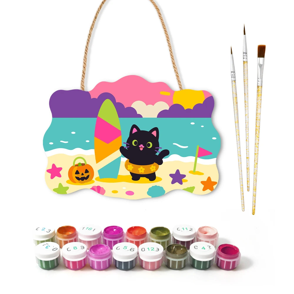 
Paint by Numbers - Wooden Door Hanger | Black Cat at the Beach
