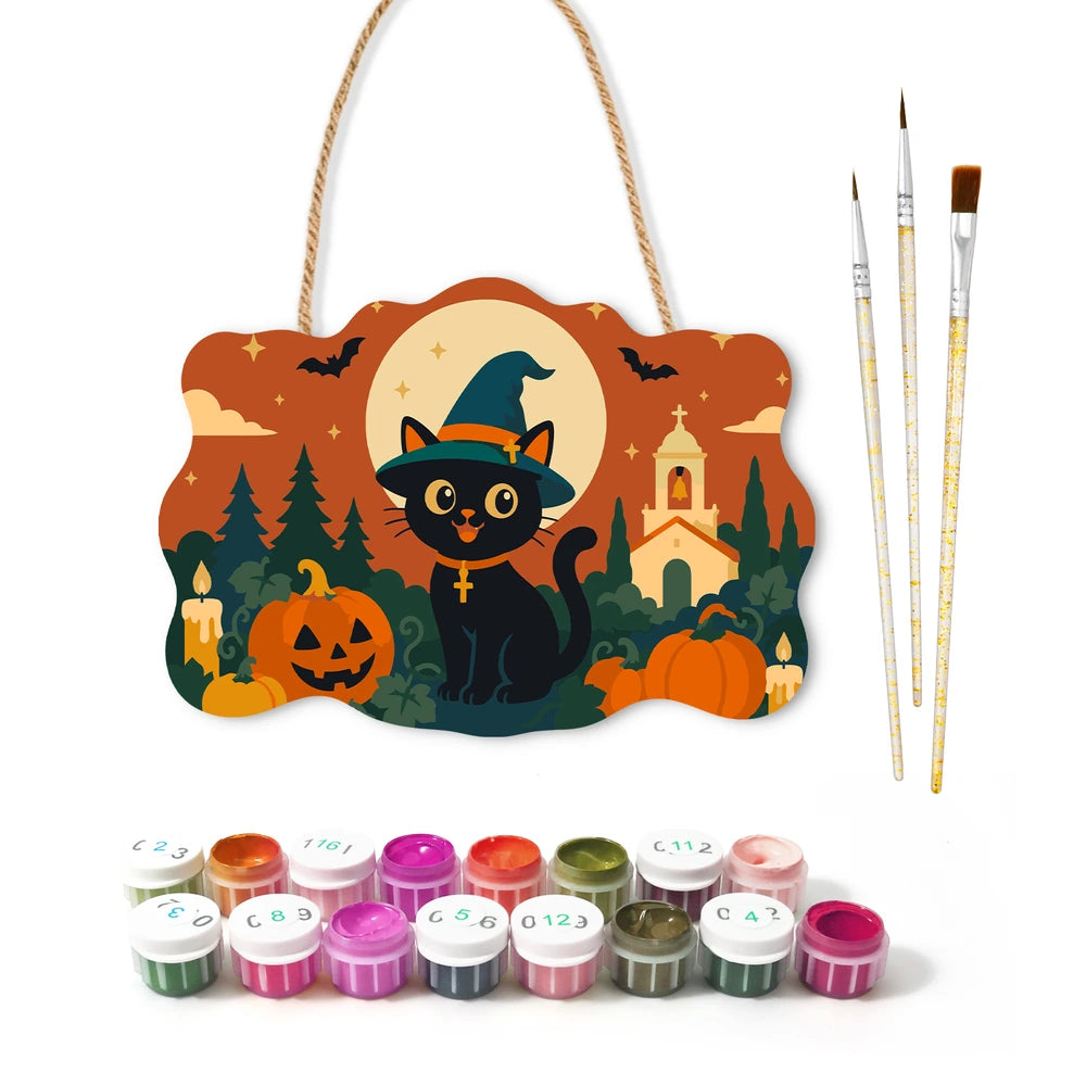 Paint by Numbers - Wooden Door Hanger | Black Cat in a Witch Hat by the Church