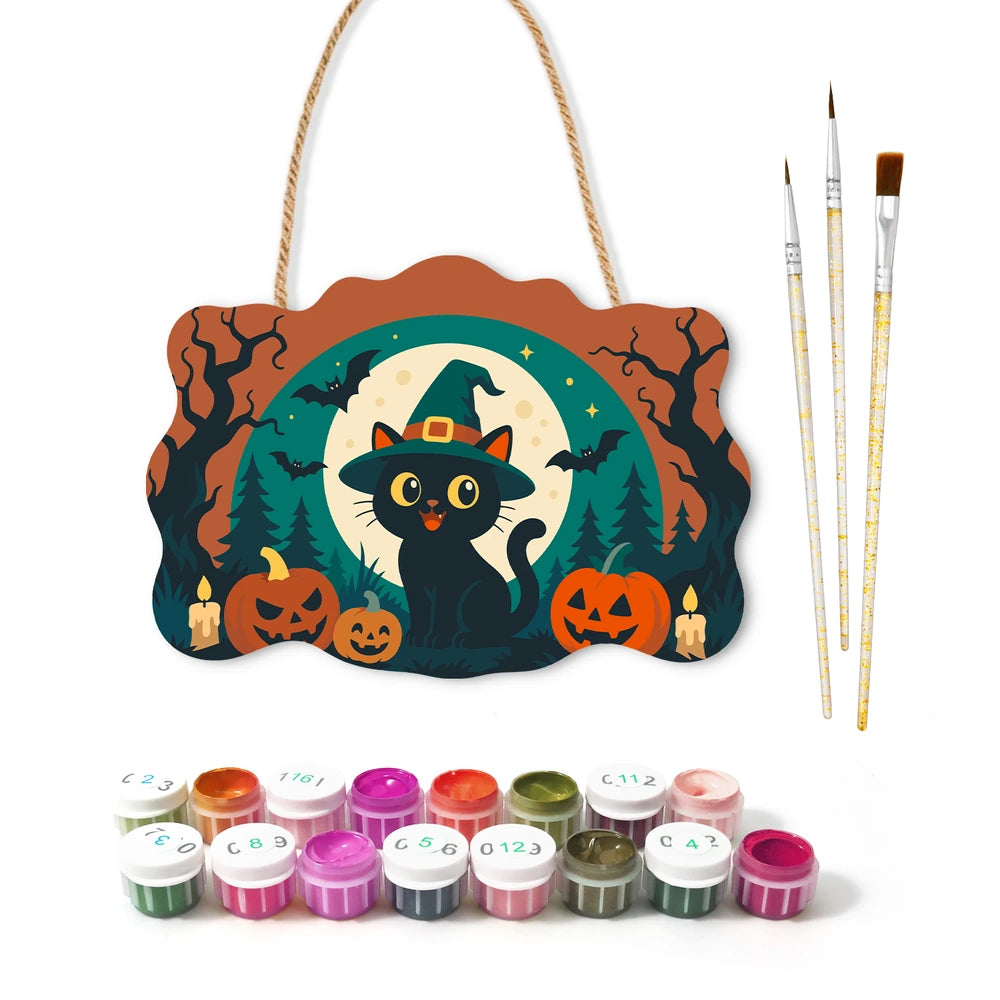 
Paint by Numbers - Wooden Door Hanger | Black Cat in a Witch Hat with Pumpkins