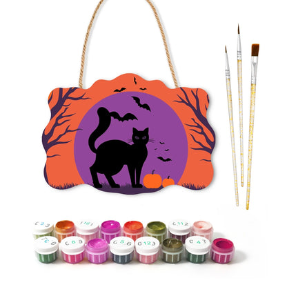 Paint by Numbers - Wooden Door Hanger | Black Cat in the Purple Moon