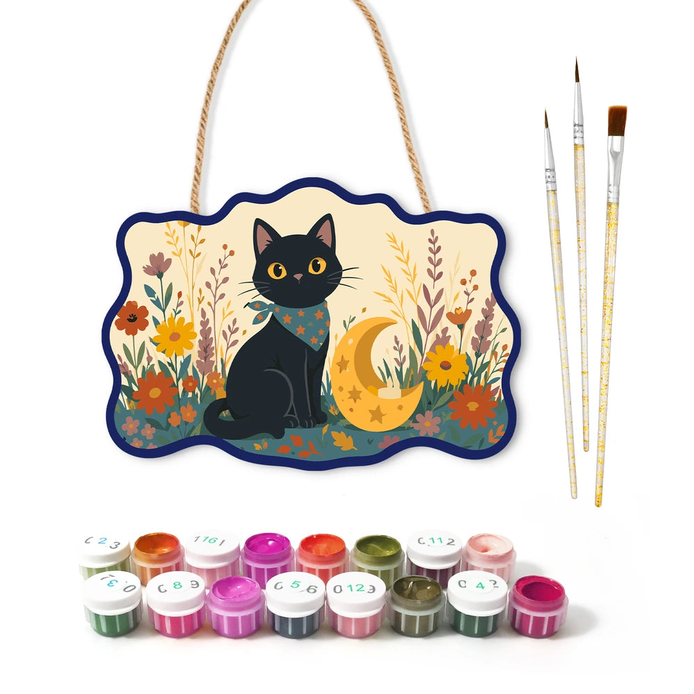 Paint by Numbers - Wooden Door Hanger | Black Cat with a Crescent Moon in the Meadow