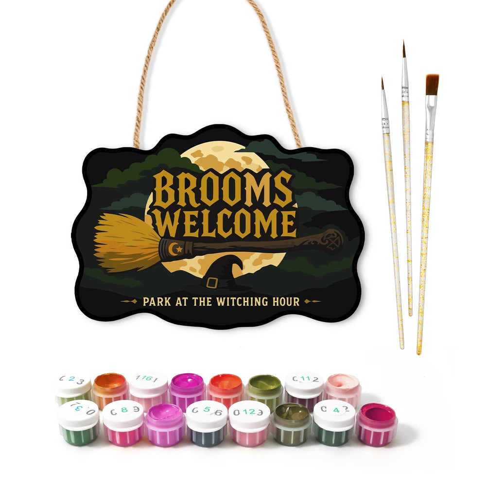 Paint by Numbers - Wooden Door Hanger | Brooms Welcome at the Witching Hour