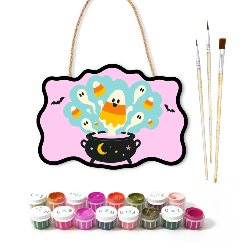 Paint by Numbers - Wooden Door Hanger | Candy Corn Ghosts in the Cauldron