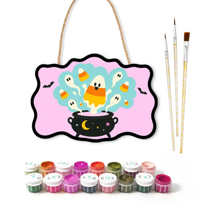 Paint by Numbers - Wooden Door Hanger | Candy Corn Ghosts in the Cauldron