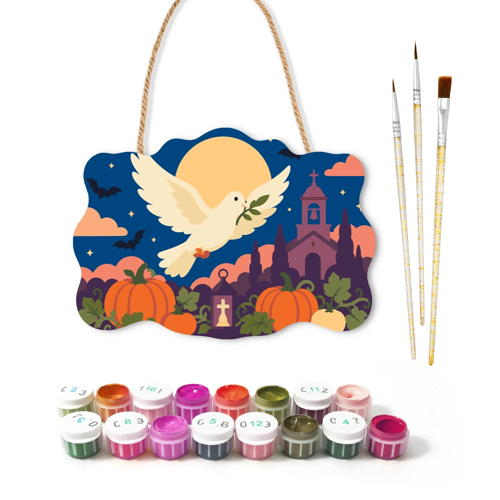 Paint by Numbers - Wooden Door Hanger | Dove Over the Pumpkin Fields